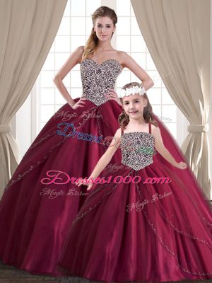 Sleeveless Tulle Floor Length Lace Up Sweet 16 Dresses in Red with Beading