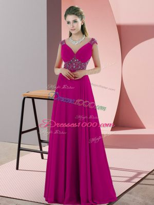 Low Price Floor Length Backless Prom Dress Fuchsia for Prom and Party and Military Ball with Beading