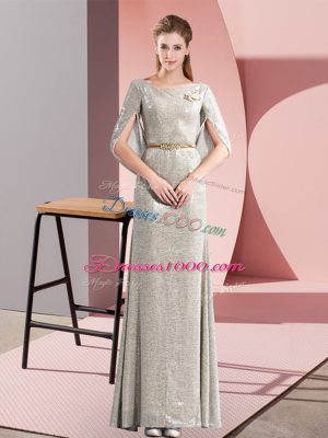 Grey Column/Sheath Belt Evening Dress Zipper Half Sleeves Floor Length