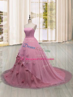 Sexy Pink Lace Up Quinceanera Gowns Hand Made Flower Sleeveless Brush Train