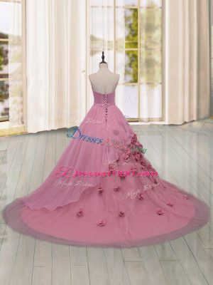 Sexy Pink Lace Up Quinceanera Gowns Hand Made Flower Sleeveless Brush Train