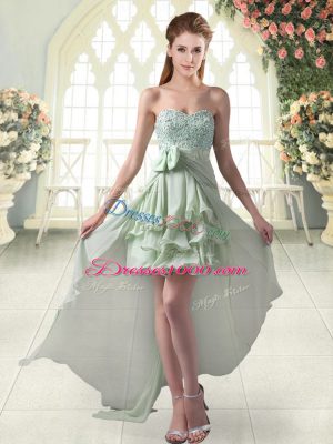 Apple Green A-line Sweetheart Sleeveless Chiffon High Low Zipper Beading and Ruffled Layers Prom Evening Gown