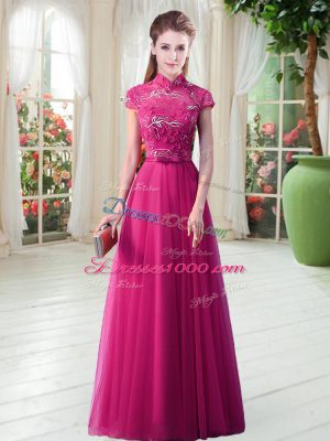 Short Sleeves Floor Length Lace Lace Up Prom Dress with Hot Pink