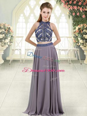 Grey Sleeveless Chiffon Backless Prom Party Dress for Prom and Party