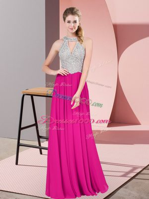 Suitable Floor Length Zipper Dress for Prom Fuchsia for Prom and Party with Beading