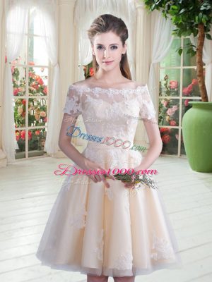 Custom Design Champagne Off The Shoulder Neckline Lace Party Dress for Girls Short Sleeves Lace Up