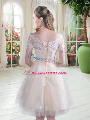 Custom Design Champagne Off The Shoulder Neckline Lace Party Dress for Girls Short Sleeves Lace Up