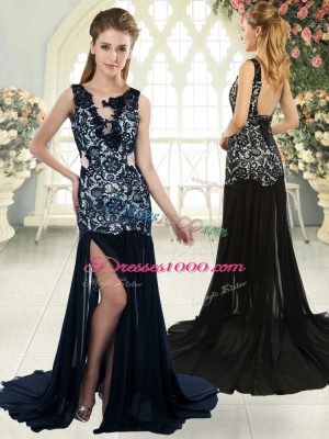 Scoop Sleeveless Chiffon Evening Outfits Lace Brush Train Backless