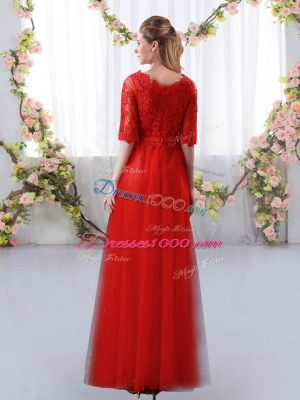 Red Zipper Quinceanera Court of Honor Dress Lace Half Sleeves Floor Length