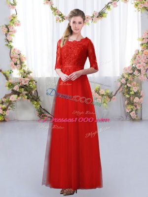 Red Zipper Quinceanera Court of Honor Dress Lace Half Sleeves Floor Length