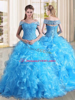 Baby Blue A-line Off The Shoulder Sleeveless Organza Sweep Train Lace Up Beading and Lace and Ruffles Quinceanera Gowns