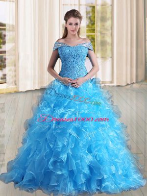 Baby Blue A-line Off The Shoulder Sleeveless Organza Sweep Train Lace Up Beading and Lace and Ruffles Quinceanera Gowns