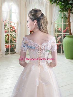 Champagne Lace Up Off The Shoulder Lace Prom Dress Tulle Short Sleeves