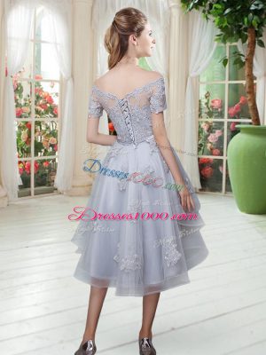 Off The Shoulder Short Sleeves Prom Dresses High Low Appliques Grey Tulle