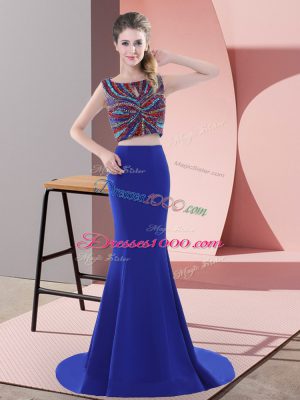 Superior Sleeveless Beading Lace Up Prom Party Dress with Royal Blue Sweep Train