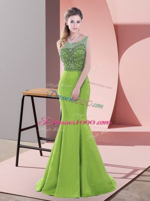 Satin Sleeveless Prom Gown Sweep Train and Beading and Lace