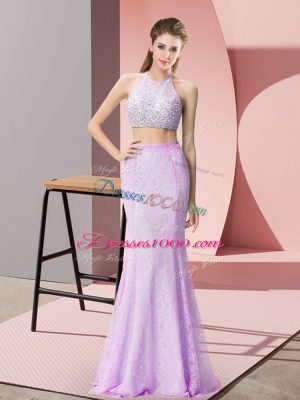 Sleeveless Backless Floor Length Beading and Lace Prom Evening Gown