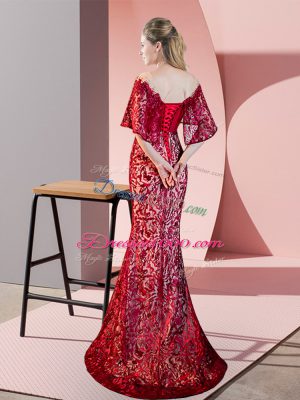 On Sale Red Prom Gown Prom and Party with Lace Off The Shoulder Half Sleeves Sweep Train Lace Up