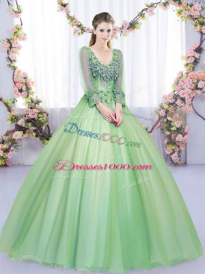 Decent V-neck Long Sleeves Tulle Quinceanera Gowns Lace and Appliques Lace Up