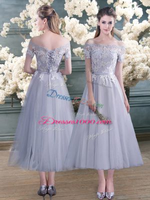 Designer Grey Short Sleeves Ankle Length Lace and Appliques Lace Up Prom Dress