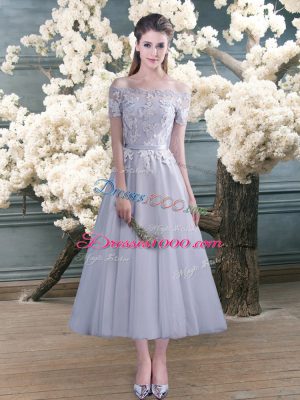 Designer Grey Short Sleeves Ankle Length Lace and Appliques Lace Up Prom Dress