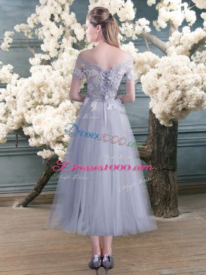 Designer Grey Short Sleeves Ankle Length Lace and Appliques Lace Up Prom Dress