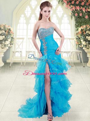 Lace Up Prom Gown Aqua Blue for Prom and Party with Beading and Ruffled Layers Brush Train