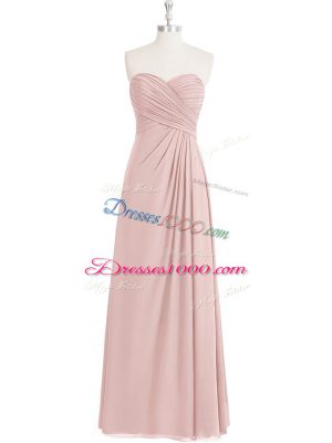 Adorable Sweetheart Sleeveless Dress for Prom Floor Length Ruching Pink Chiffon