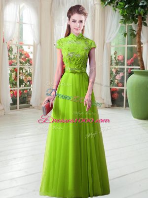 Traditional Lace Up Prom Dresses Appliques Cap Sleeves Floor Length