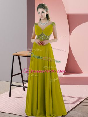 High Quality Olive Green Backless Prom Dress Beading Cap Sleeves Floor Length