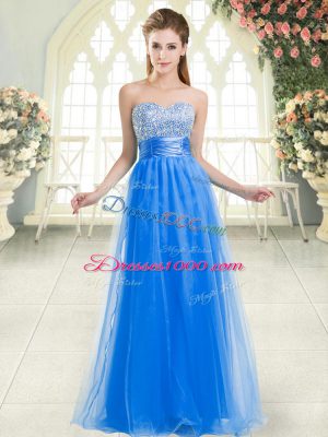 Stylish Blue Tulle Lace Up Sweetheart Sleeveless Floor Length Formal Evening Gowns Beading