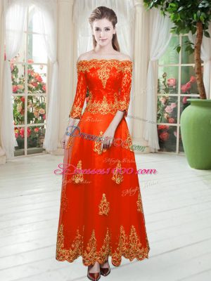 Decent Floor Length Orange Red Prom Gown Tulle 3 4 Length Sleeve Lace