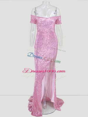 Deluxe Short Sleeves Sweep Train Zipper Sequins Prom Party Dress