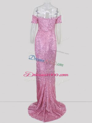 Deluxe Short Sleeves Sweep Train Zipper Sequins Prom Party Dress