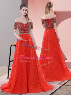 Red Lace Up Off The Shoulder Beading and Lace Dress for Prom Short Sleeves Sweep Train