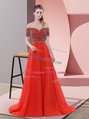 Red Lace Up Off The Shoulder Beading and Lace Dress for Prom Short Sleeves Sweep Train