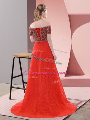 Red Lace Up Off The Shoulder Beading and Lace Dress for Prom Short Sleeves Sweep Train