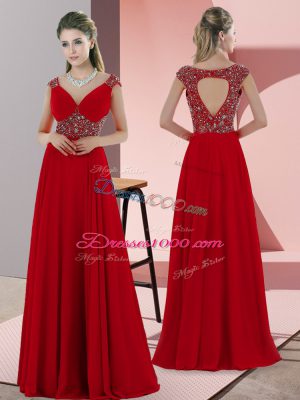 Lace Up Evening Dress Red for Prom and Party with Beading Sweep Train