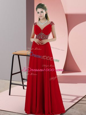 Lace Up Evening Dress Red for Prom and Party with Beading Sweep Train