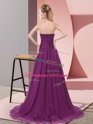 Cute Purple Chiffon Zipper Sleeveless Sweep Train Beading and Lace