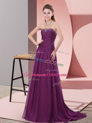 Cute Purple Chiffon Zipper Sleeveless Sweep Train Beading and Lace