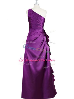 Elastic Woven Satin One Shoulder Sleeveless Side Zipper Beading and Ruching and Pleated Juniors Party Dress in Purple