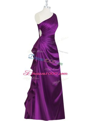 Elastic Woven Satin One Shoulder Sleeveless Side Zipper Beading and Ruching and Pleated Juniors Party Dress in Purple