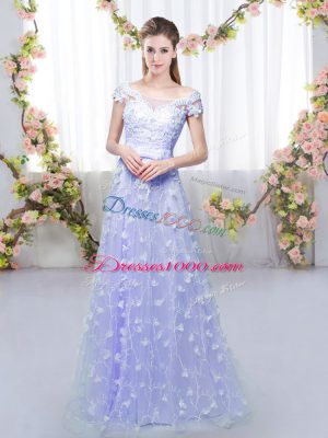 Lavender Empire Off The Shoulder Cap Sleeves Tulle Floor Length Lace Up Appliques Dama Dress for Quinceanera