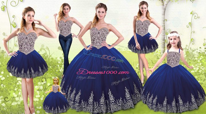 Fine Floor Length Royal Blue Quince Ball Gowns Tulle Sleeveless Beading and Appliques