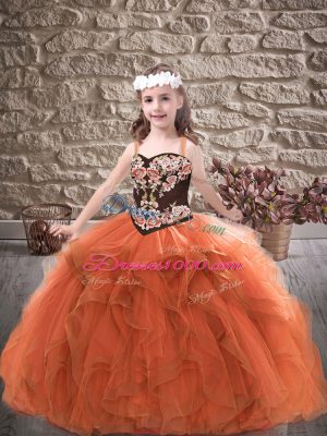 Straps Sleeveless Pageant Dress Toddler Floor Length Embroidery and Ruffles Rust Red Tulle