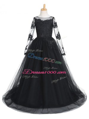 Black Tulle Clasp Handle Winning Pageant Gowns Long Sleeves Brush Train Lace