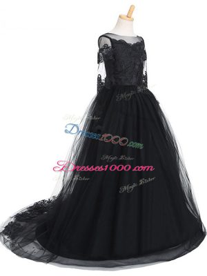 Black Tulle Clasp Handle Winning Pageant Gowns Long Sleeves Brush Train Lace