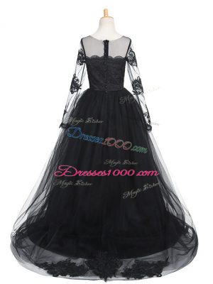 Black Tulle Clasp Handle Winning Pageant Gowns Long Sleeves Brush Train Lace