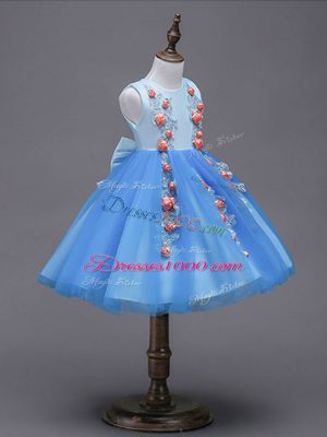 Blue Sleeveless Hand Made Flower Mini Length Flower Girl Dresses